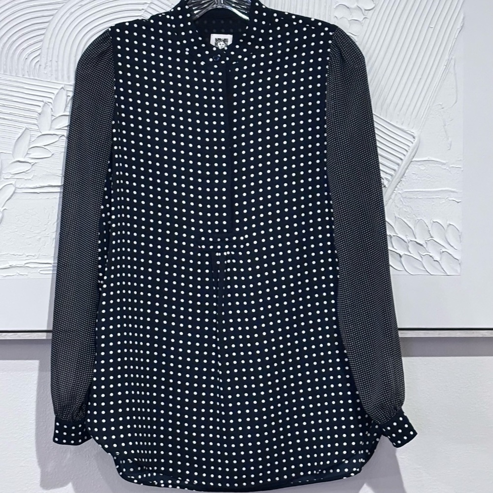 Ann Klein Women's Long Sleeve SZ XS Black w/ White Polka Dot Sheer Sleeve Blouse